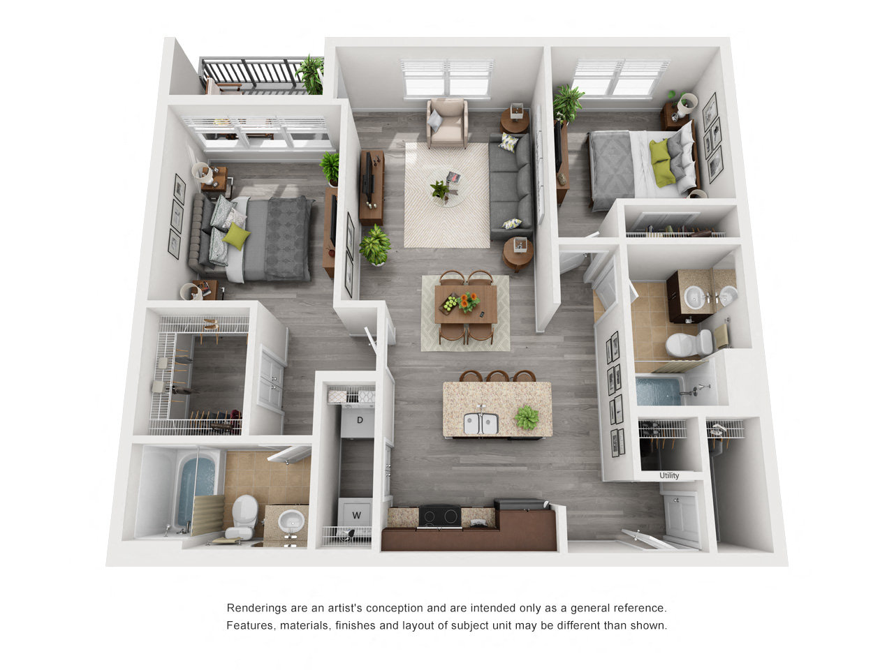 Floor plan for 2 beds, 2 baths, 1074 sqft